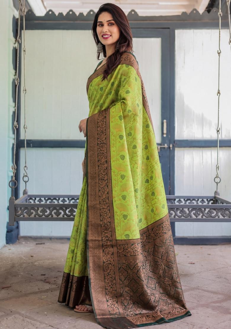 Lemon Woven Silk Blend Saree Set - Indya