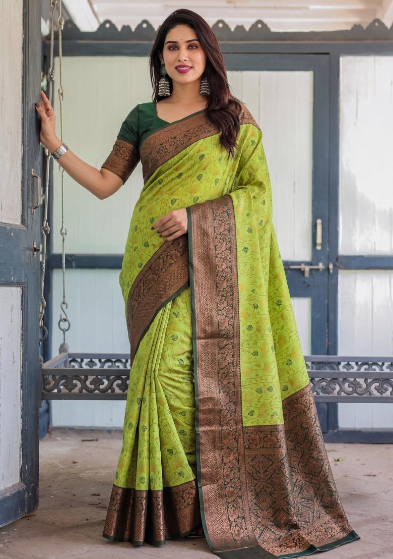 Lemon Woven Silk Blend Saree Set - Indya