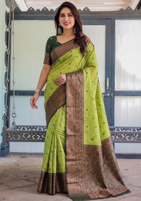 Lemon Woven Silk Blend Saree Set