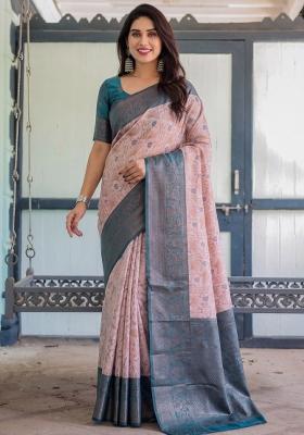 Peach Woven Silk Blend Saree Set
