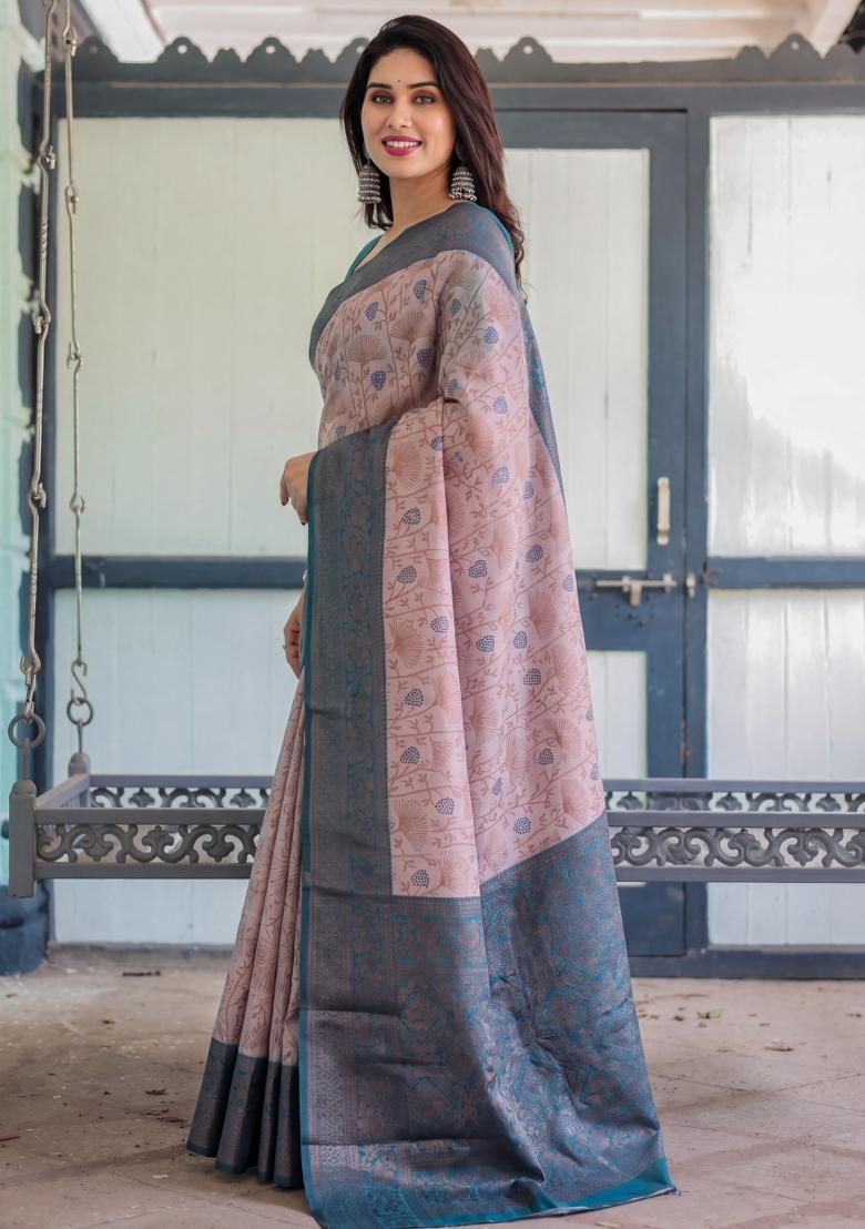 Peach Woven Silk Blend Saree Set - Indya