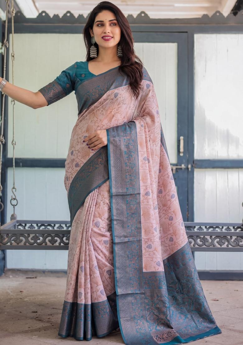 Peach Woven Silk Blend Saree Set - Indya