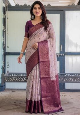 Peach Woven Silk Blend Saree Set