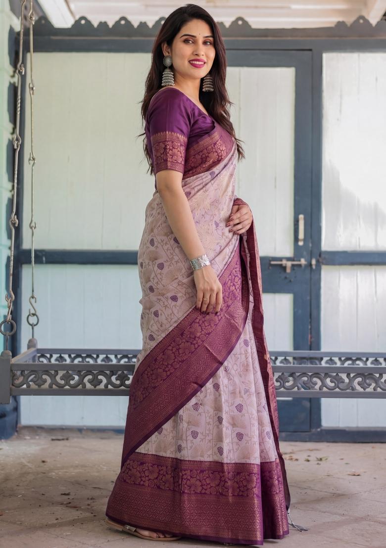 Peach Woven Silk Blend Saree Set - Indya