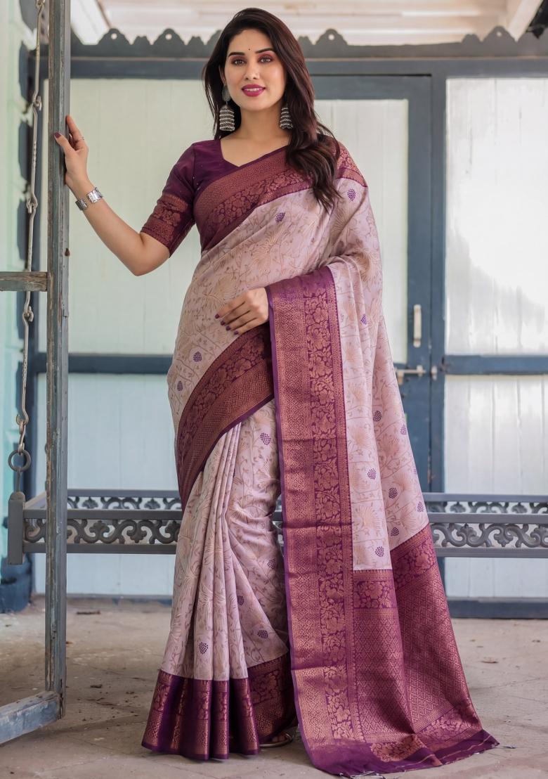 Peach Woven Silk Blend Saree Set - Indya