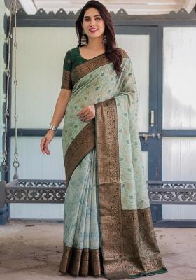 Light Green Woven Silk Blend Saree Set