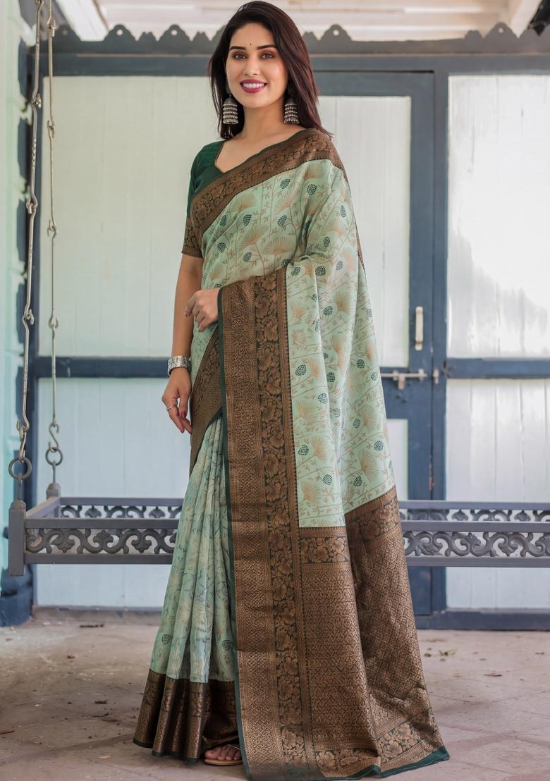 Light Green Woven Silk Blend Saree Set - Indya