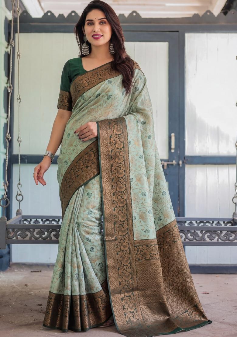 Light Green Woven Silk Blend Saree Set - Indya