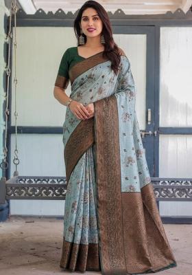 Sea Green Woven Silk Blend Saree Set