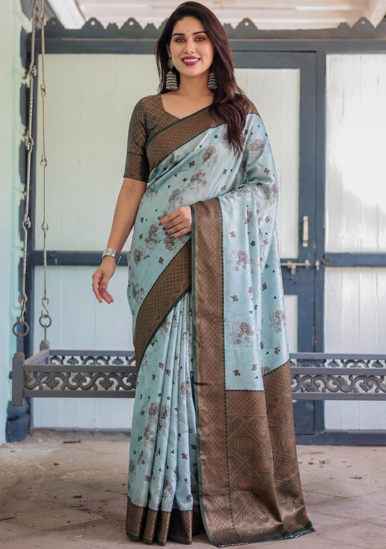 Sea Green Woven Silk Blend Saree Set - Indya