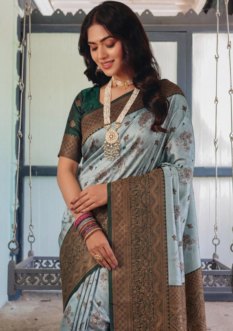 Sea Green Woven Silk Blend Saree Set - Indya