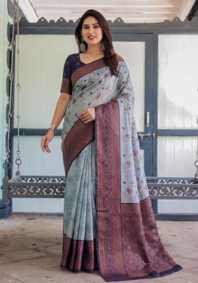 Grey Woven Silk Blend Saree Set