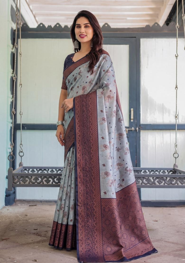 Grey Woven Silk Blend Saree Set - Indya