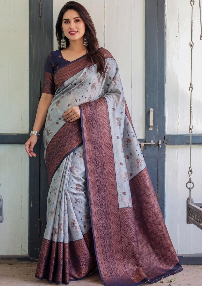 Grey Woven Silk Blend Saree Set - Indya