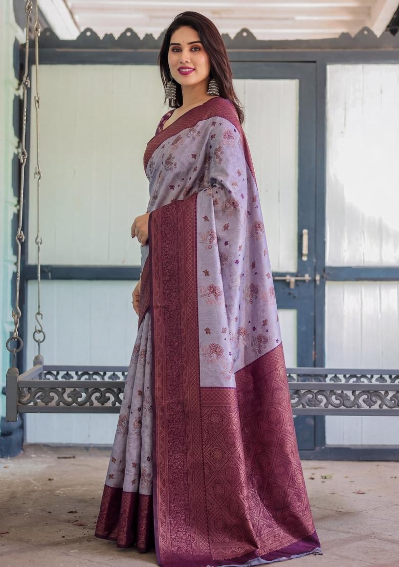 Lavender Woven Silk Blend Saree Set - Indya