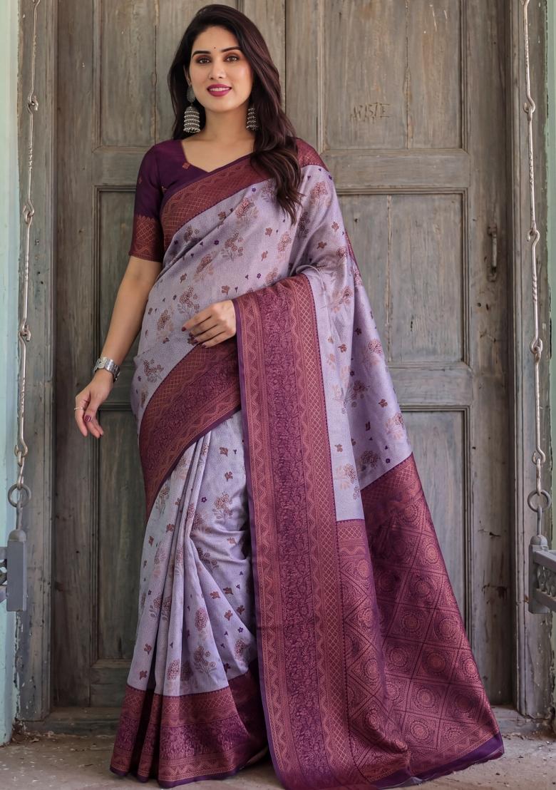Lavender Woven Silk Blend Saree Set - Indya