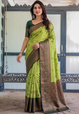 Lemon Woven Silk Blend Saree Set