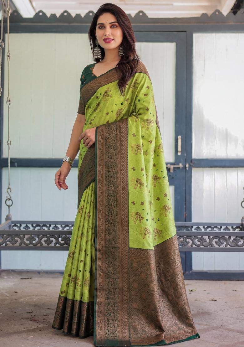 Lemon Woven Silk Blend Saree Set - Indya