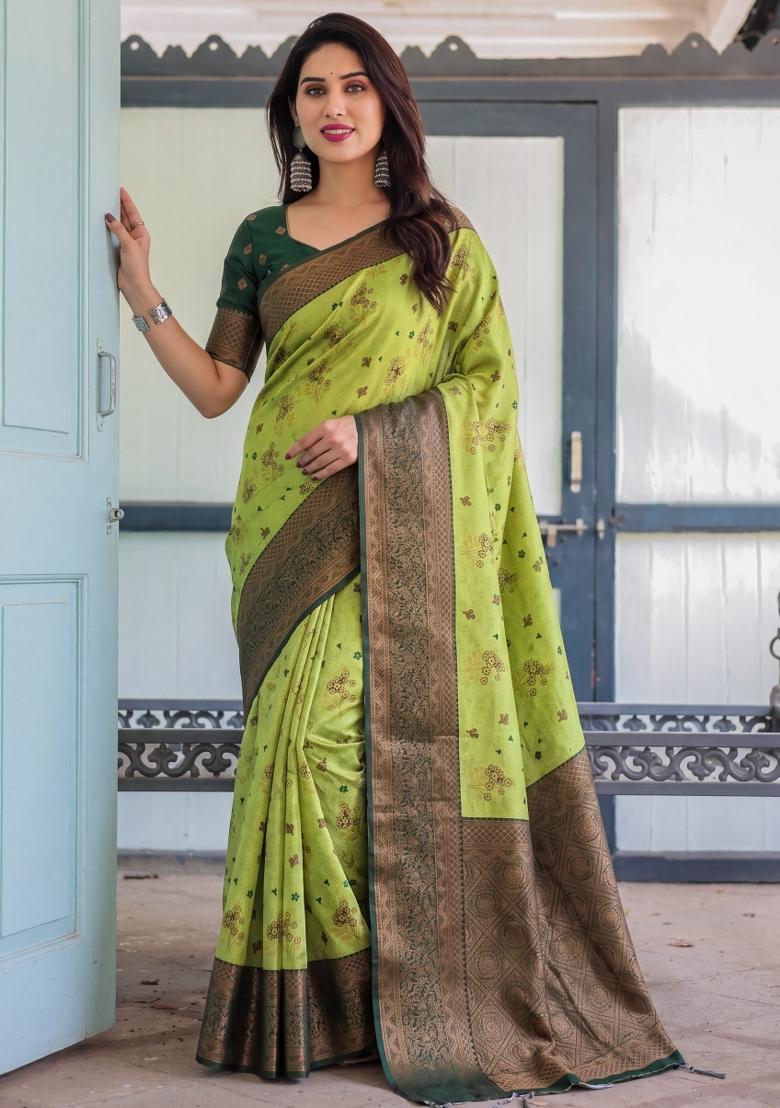 Lemon Woven Silk Blend Saree Set - Indya