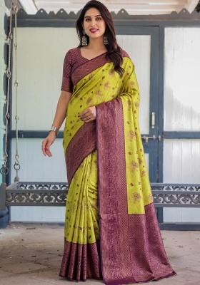 Lemon Woven Silk Blend Saree Set