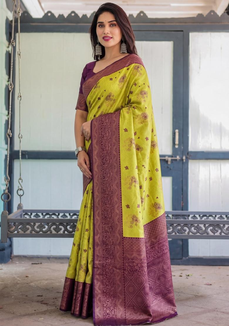 Lemon Woven Silk Blend Saree Set - Indya