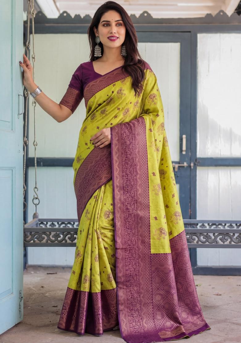 Lemon Woven Silk Blend Saree Set - Indya