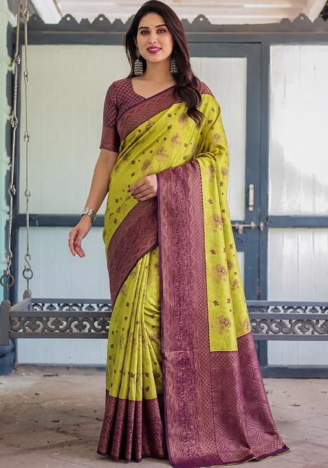 Lemon Woven Silk Blend Saree Set