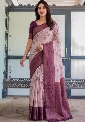 Peach Woven Silk Blend Saree Set