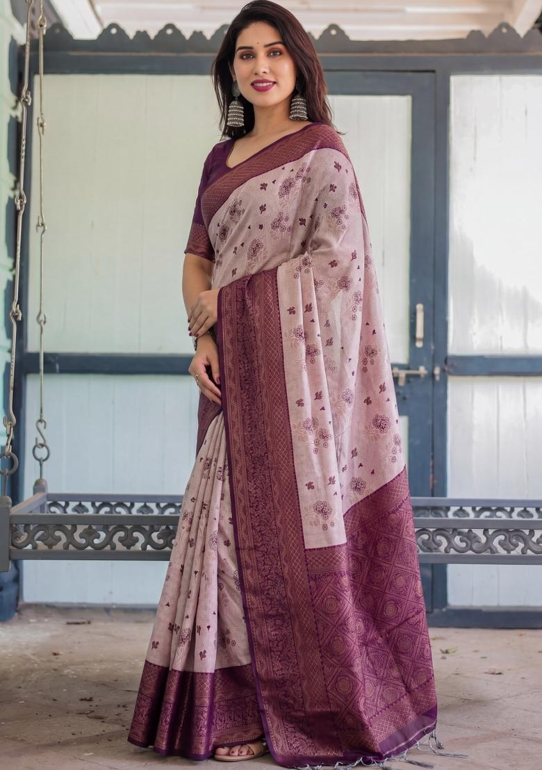 Peach Woven Silk Blend Saree Set - Indya