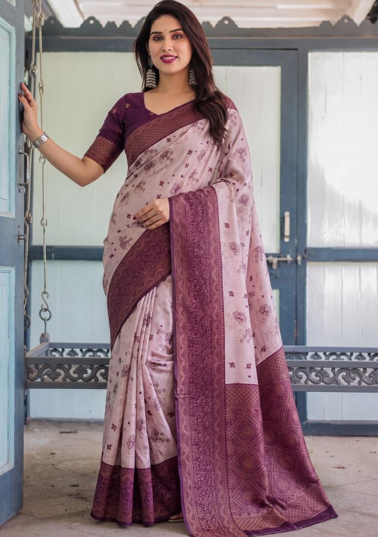 Peach Woven Silk Blend Saree Set - Indya