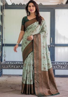 Light Green Woven Silk Blend Saree Set