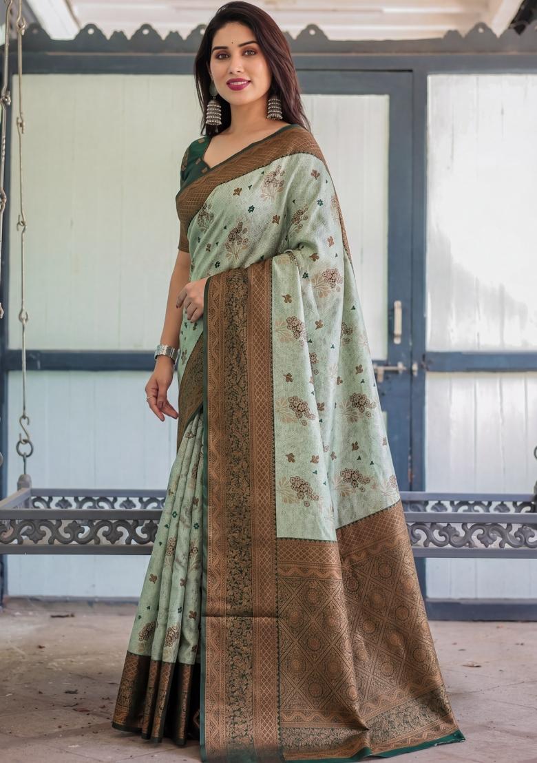 Light Green Woven Silk Blend Saree Set - Indya