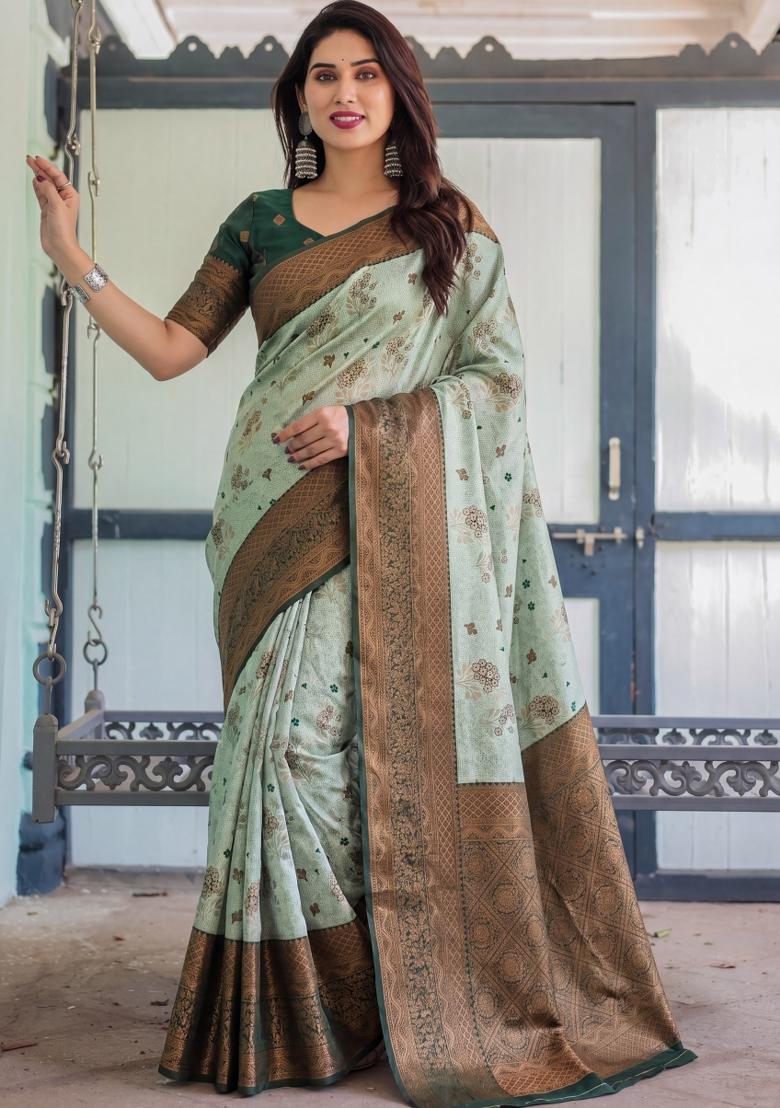 Light Green Woven Silk Blend Saree Set - Indya