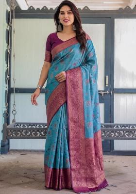 Sky Blue Woven Silk Blend Saree Set