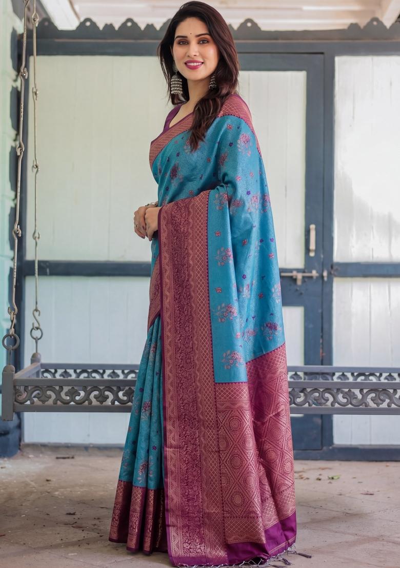 Sky Blue Woven Silk Blend Saree Set - Indya