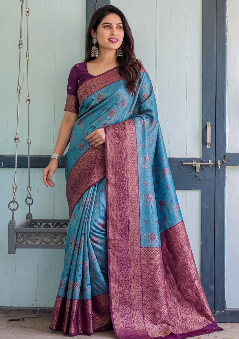 Sky Blue Woven Silk Blend Saree Set - Indya