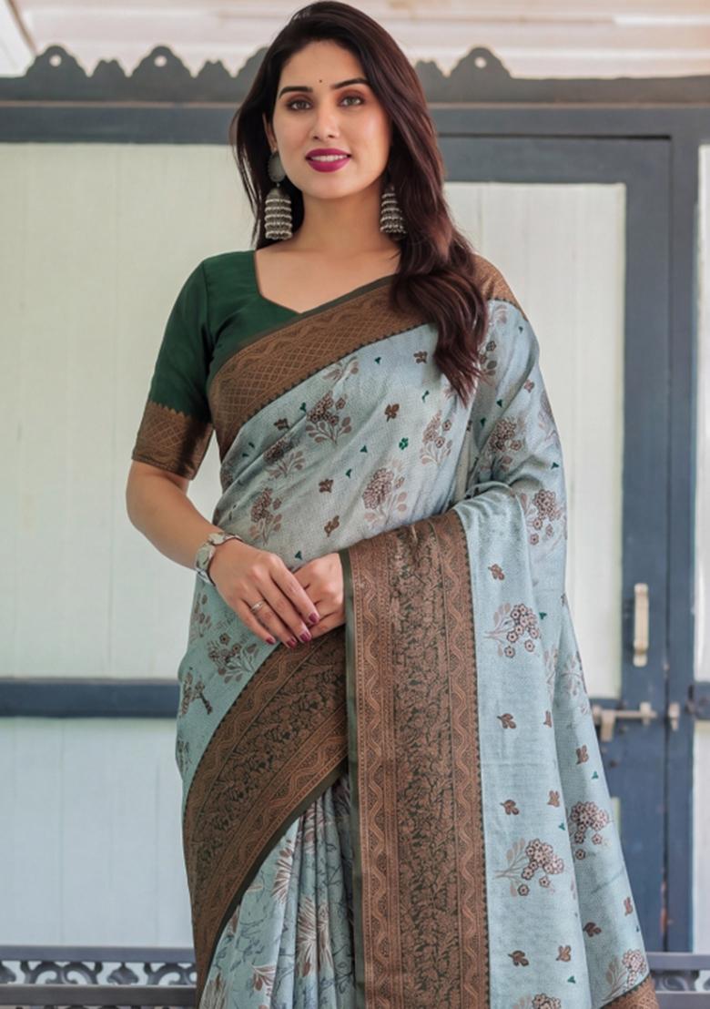 Sea Green Woven Silk Blend Saree Set - Indya