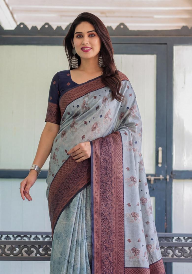 Grey Woven Silk Blend Saree Set - Indya