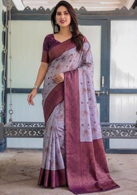 Lavender Woven Silk Blend Saree Set