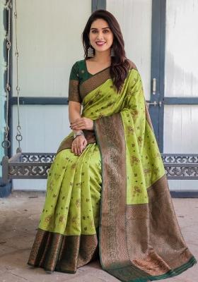 Lemon Woven Silk Blend Saree Set
