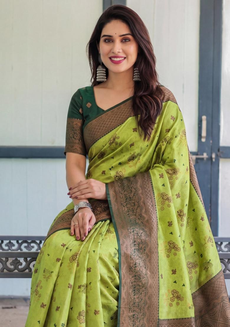 Lemon Woven Silk Blend Saree Set - Indya