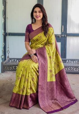 Lemon Woven Silk Blend Saree Set
