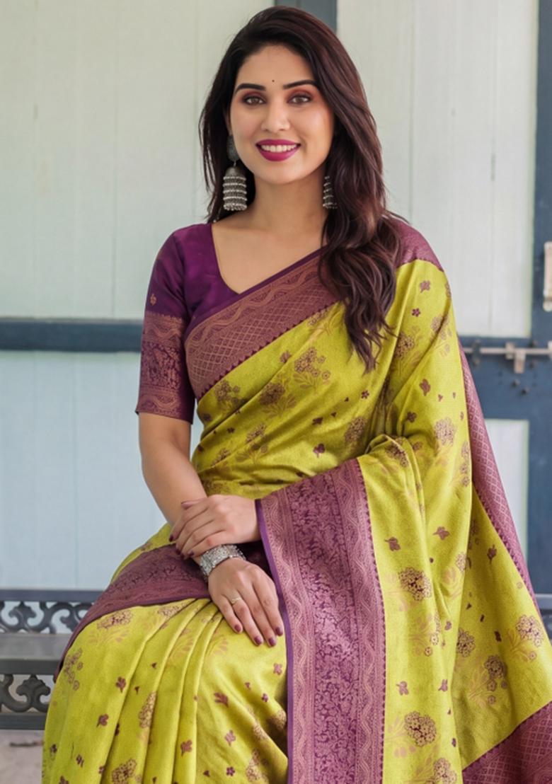 Lemon Woven Silk Blend Saree Set - Indya