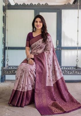 Peach Woven Silk Blend Saree Set