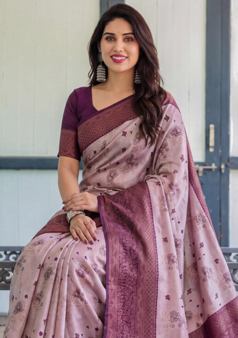 Peach Woven Silk Blend Saree Set - Indya