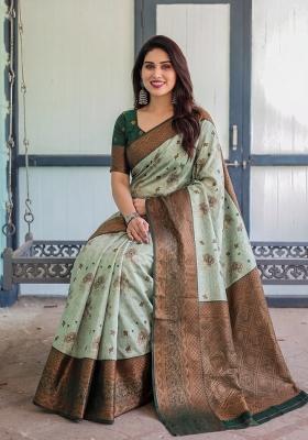 Light Green Woven Silk Blend Saree Set