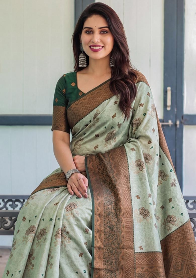 Light Green Woven Silk Blend Saree Set - Indya