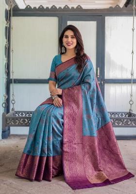 Sky Blue Woven Silk Blend Saree Set