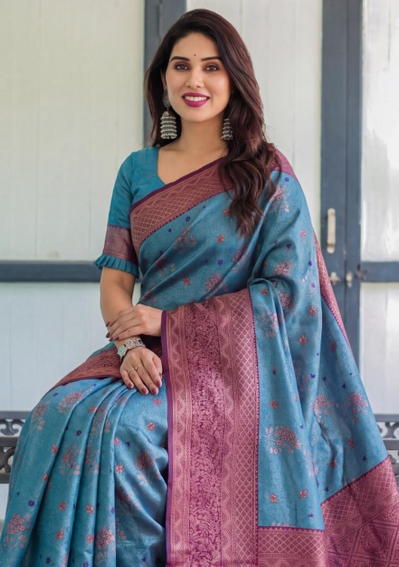 Sky Blue Woven Silk Blend Saree Set - Indya