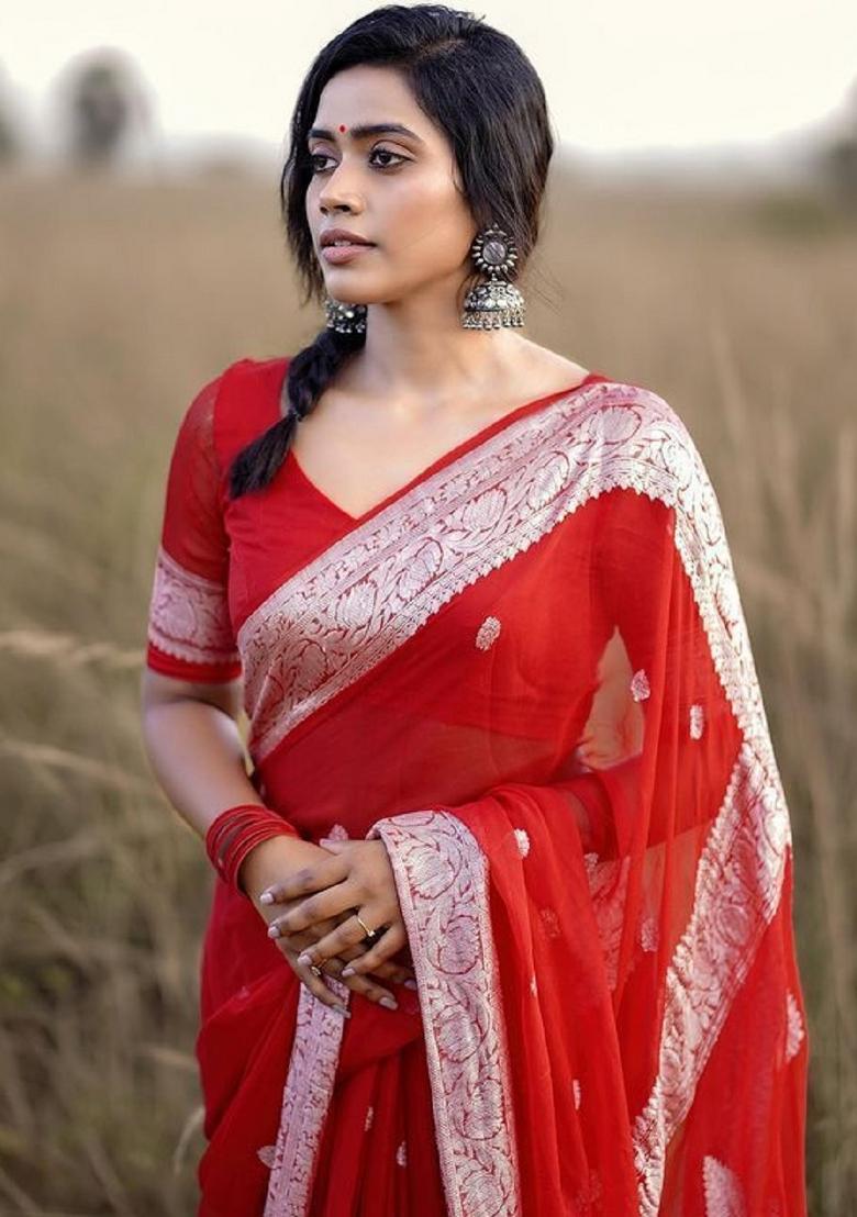 Red Woven Cotton Saree Set - Indya